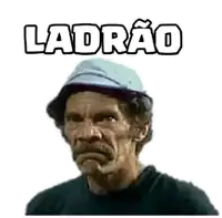 a man with a hat and a mustache is wearing a sticker with the word ladrao .