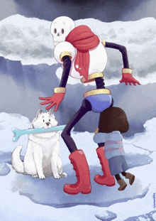 papyrus and frisk are walking in the snow with a dog and a skeleton .