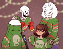 a cartoon drawing of a family wearing green sweaters