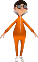 a cartoon character with glasses and an orange jacket