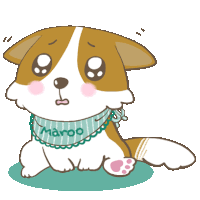 a brown and white dog with a scarf around its neck that says maroo on it