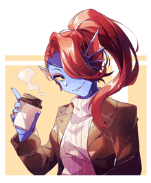 a blue and red anime character is holding a cup of coffee in her hand