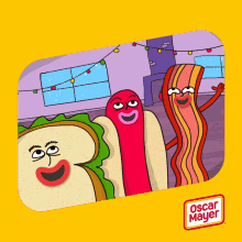 a cartoon of a hot dog a sandwich and a bacon with oscar mayer written on the bottom