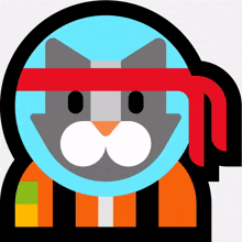 an illustration of a cat wearing a blue helmet and a red headband