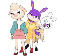 three cartoon characters standing next to each other with one wearing a purple bunny mask