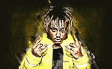 juice wrld is wearing a yellow jacket and making a middle finger sign .