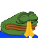 a pixel art of a green frog with a yellow nose .