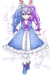 a drawing of a girl in a blue and white dress with the word infinity below her