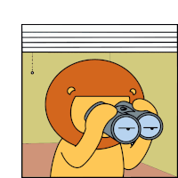 a cartoon character is looking through binoculars with a blind hanging from the ceiling