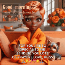 a good morning message with a doll sitting on a couch with a dog