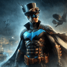 a man in a batman costume with a top hat and goggles