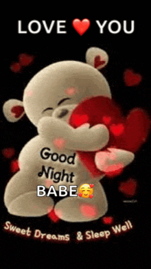 a teddy bear is hugging a heart with the words `` love you good night babe '' .