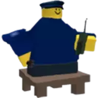 a lego police officer is sitting on a wooden stool holding a walkie talkie .