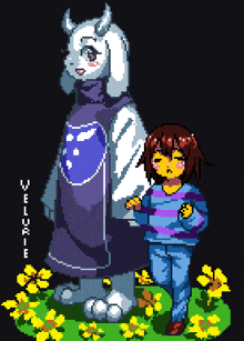 a pixel art drawing of a goat and a girl with veluble written on the bottom right