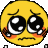 a pixel art illustration of a sad smiley face with big eyes and red cheeks .