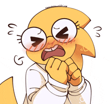 a cartoon drawing of a yellow bird with glasses and a white sweater with the letters g on the bottom