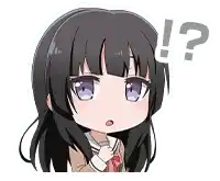 a chibi girl with long black hair and purple eyes is making a surprised face with a question mark above her head .