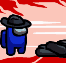 a blue among us character wearing a black hat stands next to a black character laying on the ground .