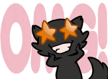 a cartoon drawing of a cat with stars in its eyes and the word omg behind it