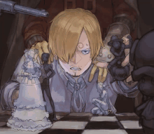 a drawing of a man playing a game of chess with a gun