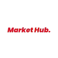 a red logo for market hub is on a white background