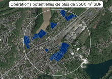 an aerial view of a city with the words operations potentielles de plus de 3500 m2 sdp on the bottom