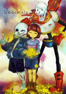 a painting of sans papyrus and frisk with the word undertale at the top