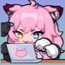 a cartoon girl with pink hair and cat ears is sitting at a table using a laptop computer .