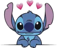 a drawing of stitch with three pink hearts behind his head