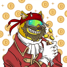 a cartoon of a dog wearing a pirate hat and goggles holding coins