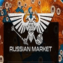 a russian market logo with an eagle and a shield on a map of the world .