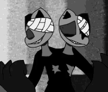 a black and white cartoon character with two faces and bandages on their eyes .