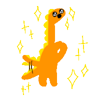 a cartoon drawing of an orange dinosaur with a yellow tail surrounded by yellow stars