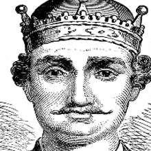 a black and white drawing of a man wearing a crown and mustache .