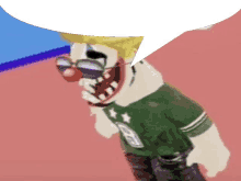 a cartoon character wearing sunglasses and a clown mask with a speech bubble behind him