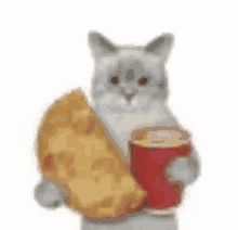 a cat is holding a cup of coffee and a slice of pizza .