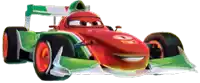 a red and green racing car with the number 8 on it