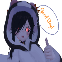 a girl in a cat hoodie giving a thumbs up with a speech bubble that says good boy