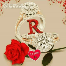 a ring with the letter r on it is surrounded by a rose and a heart .