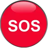 a red button with the word sos in white letters