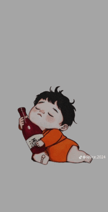 a cartoon of a baby holding a bottle with chinese writing on the label