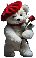 a teddy bear wearing a red beret is holding a red rose