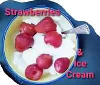 a bowl of strawberries and whipped cream with the words strawberries & ice cream below it