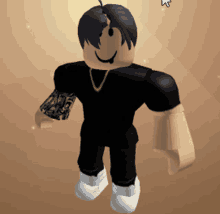 a roblox character is wearing a black shirt and a gold chain around his neck