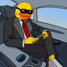 a cartoon duck wearing sunglasses and a suit is sitting in the back seat of a car