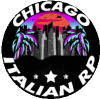 a chicago italian rp logo with palm trees and a city skyline