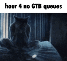 a picture of a cat covering its face with the words hour 4 no gtb queues below it