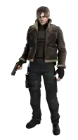 a man in a brown jacket holding a gun