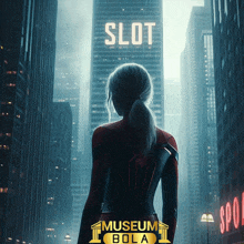 a woman in a superhero costume is standing in front of a building that says slot