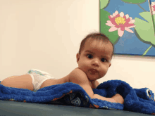 a baby in a diaper is laying on a blue blanket in front of a painting of a flower